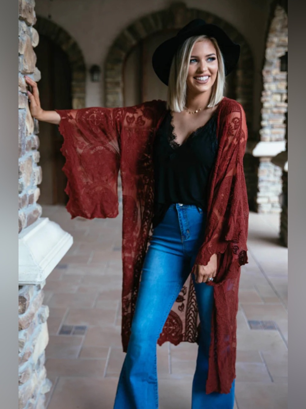 Baevely • Boho • Lace • Oversized • Kimono Cardigan • Duster- Dark Rust Red
